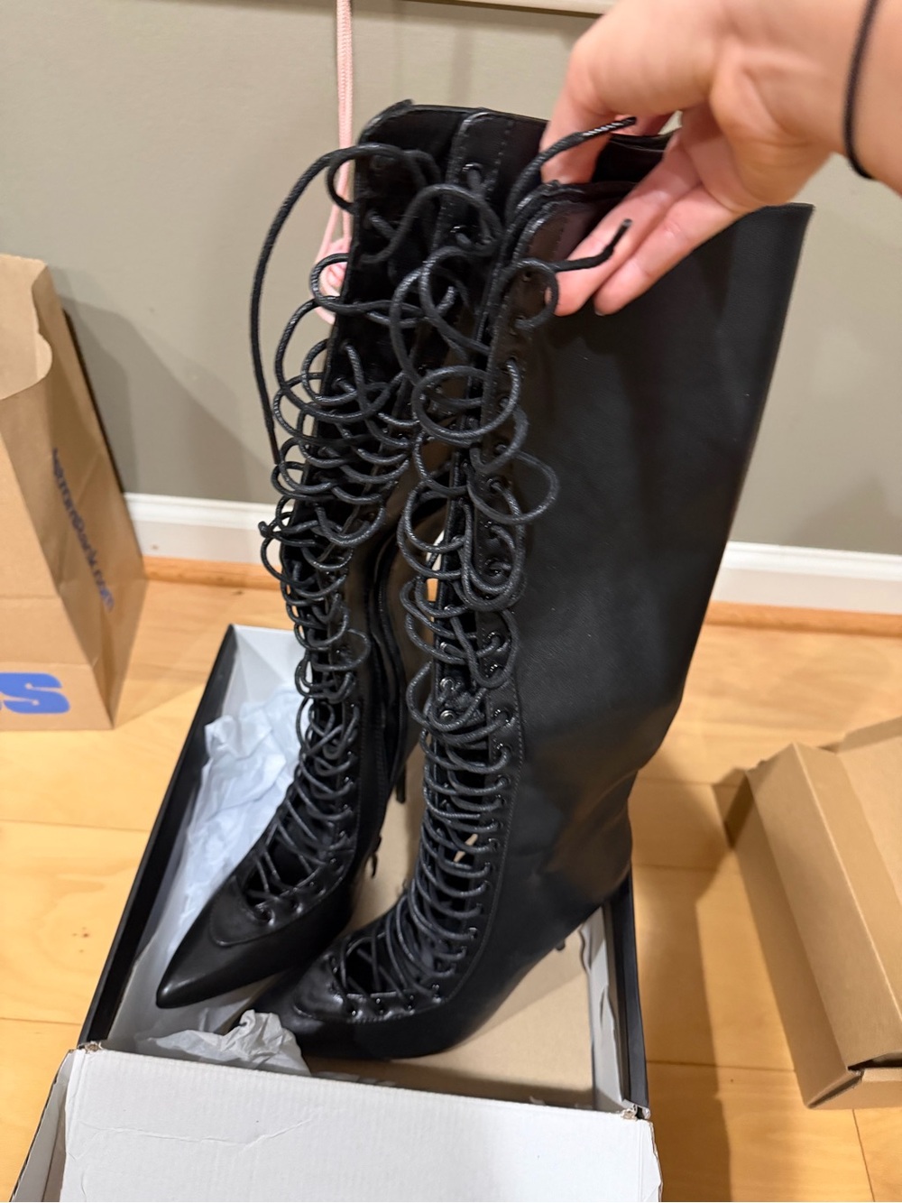 Fashion Nova Black Lace-Up Pointed Toe Knee Boots